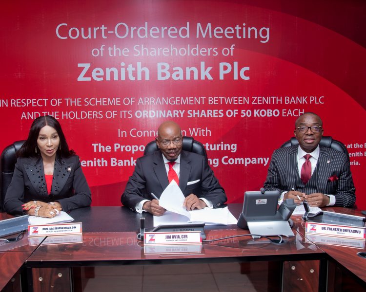 The Founder and Chairman of Zenith Bank Plc, Jim Ovia, CFR (Centre) flanked by the Group Managing Director/Chief Executive, Dr. Ebenezer Onyeagwu (Right) and the Deputy Managing Director, Dame (Dr.) Adaora Umeoji, OON (Left) during a court-ordered Extraordinary General Meeting (EGM) held virtually from the Zenith Heights, Zenith Bank Plc, Victoria Island, Lagos, on Friday.