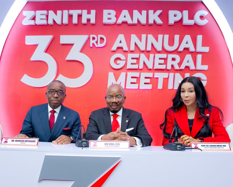 Founder and Chairman of Zenith Bank Plc, Jim Ovia, CFR (Centre) flanked by the Group Managing Director/Chief Executive, Dr. Ebenezer Onyeagwu (Left) and the Deputy Managing Director, Dame (Dr.) Adaora Umeoji, OON (Right) during the 33rd Annual General Meeting (AGM) of the bank held at The Civic Centre, Victoria Island, Lagos yesterday.